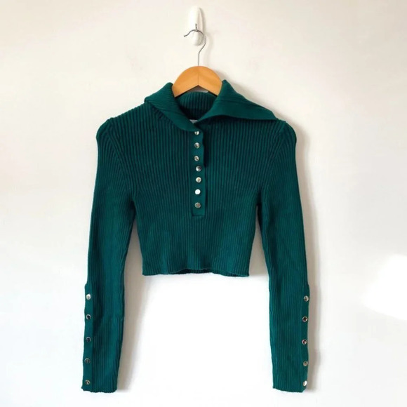 Zara Polo Collared Ribbed Snap Button  Knit Long Sleeve Sweater Shirt Green Sz S - Picture 4 of 8